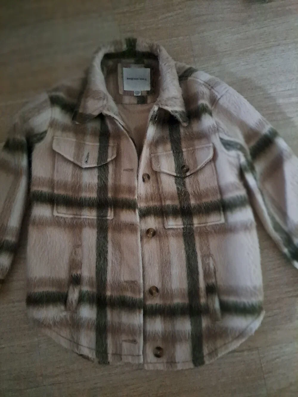 American Eagle Women  Outfitters Plaid Shacket Jacket - Beige & Olive - Picture 9 of 9